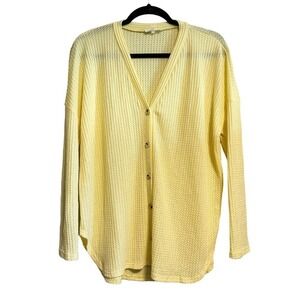 La Miel Greta Thermal Waffle Knit Yellow Button Front Yellow Cardigan Size M